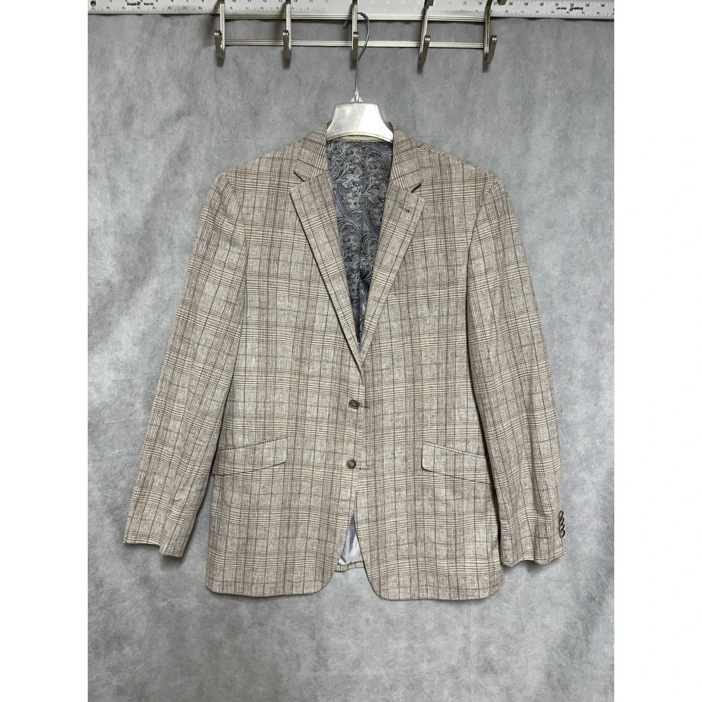 Joseph Abboud Blazer Men 42L Tan Plaid Slim Linen Cotton Casual Sport Coat Luxe
